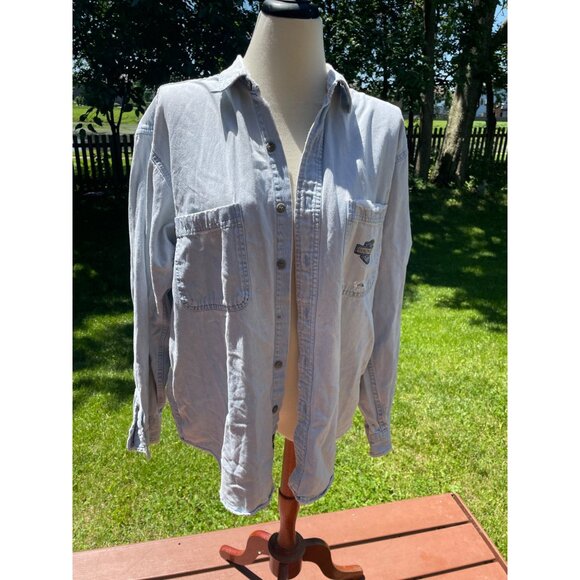 Harley-Davidson Blue Denim Button-Up Shirt L With Logo Pocket Trashed Frayed - Picture 1 of 10